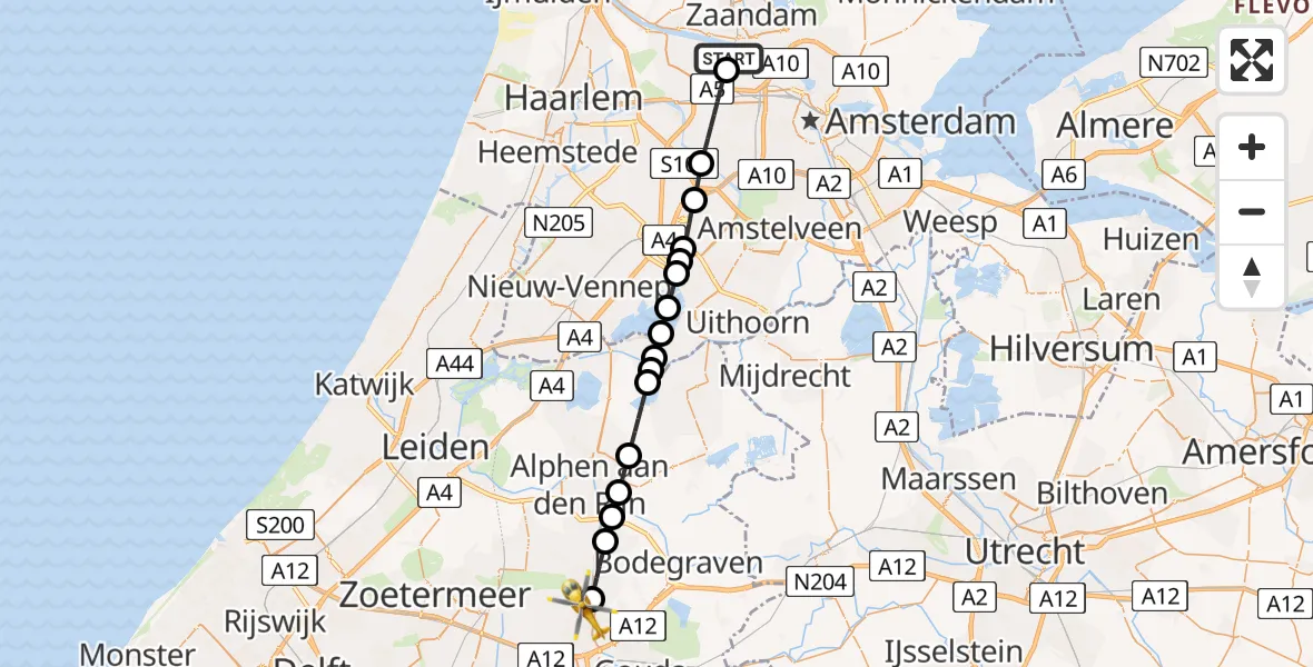 Vluchtroute Traumahelikopter Amsterdam Heliport - Waddinxveen, 19 juni 2026, 10:49