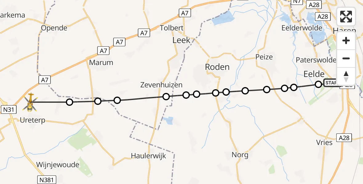 Vluchtroute Traumahelikopter Groningen Airport Eelde - Ureterp, 19 juni 2026, 12:58