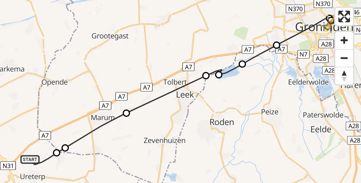 Vluchtroute Traumahelikopter Ureterp - Universitair Medisch Centrum Groningen, 19 juni 2026, 13:41