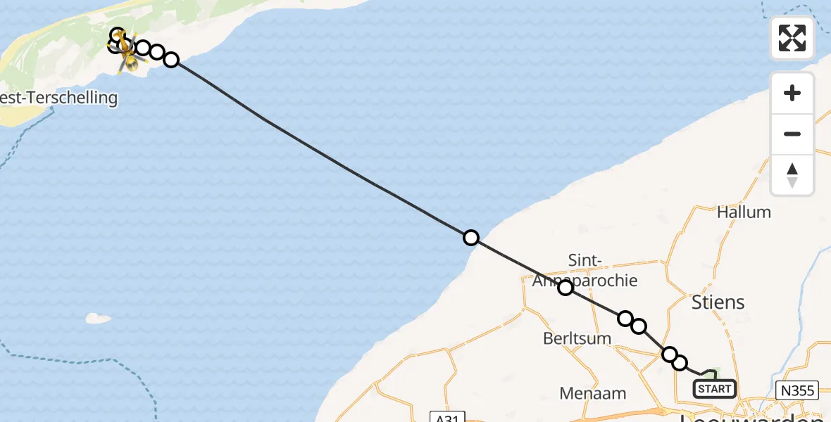 Vluchtroute Ambulancehelikopter Vliegbasis Leeuwarden - Terschelling Heliport, 19 juni 2026, 14:00