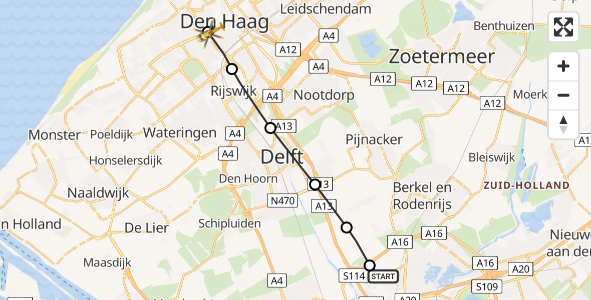 Vluchtroute Traumahelikopter Rotterdam The Hague Airport - HMC Westeinde Heliport, 19 juni 2026, 15:57