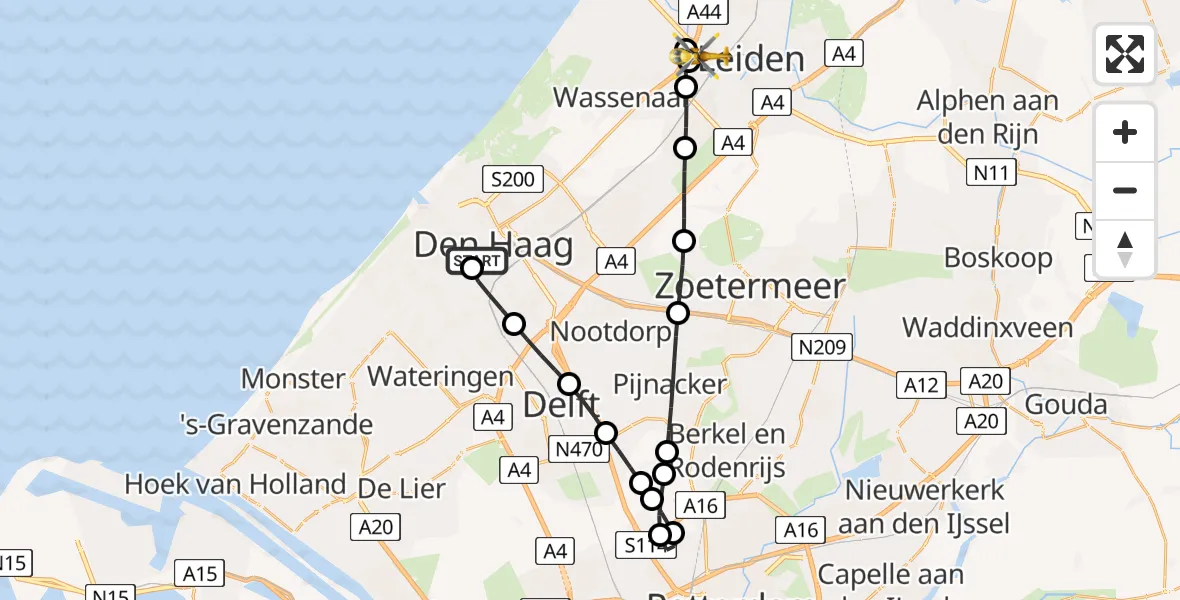 Vluchtroute Traumahelikopter HMC Westeinde Heliport - Leiden, 19 juni 2026, 16:33
