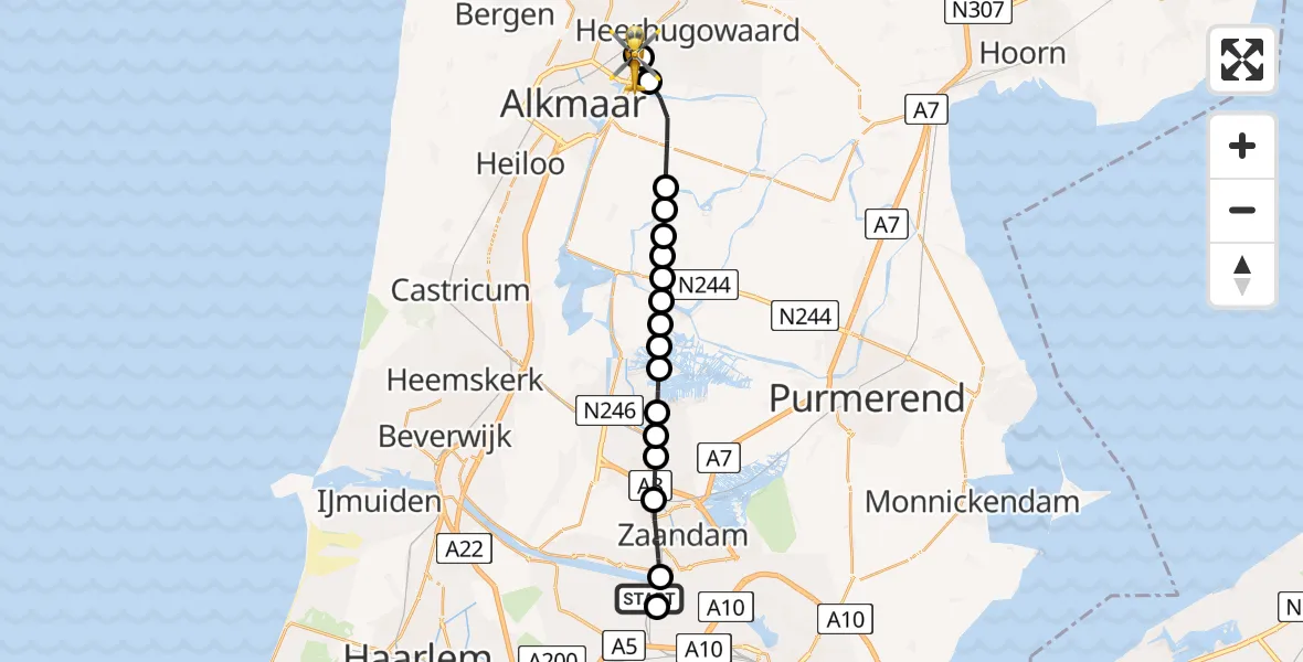 Vluchtroute Traumahelikopter Amsterdam Heliport - Heerhugowaard, 19 juni 2026, 17:15