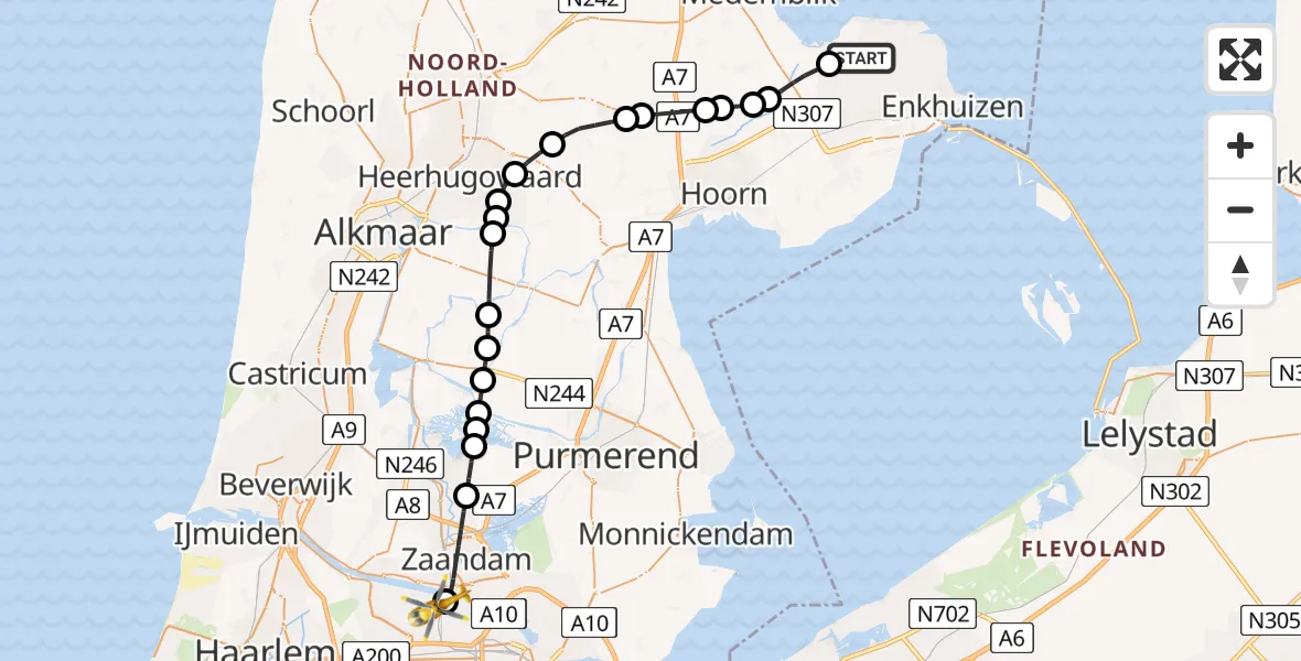 Vluchtroute Traumahelikopter Andijk - Amsterdam Heliport, 19 juni 2026, 18:58