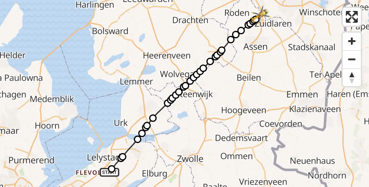 Vluchtroute Traumahelikopter Lelystad Airport - Groningen Airport Eelde, 19 juni 2026, 19:25