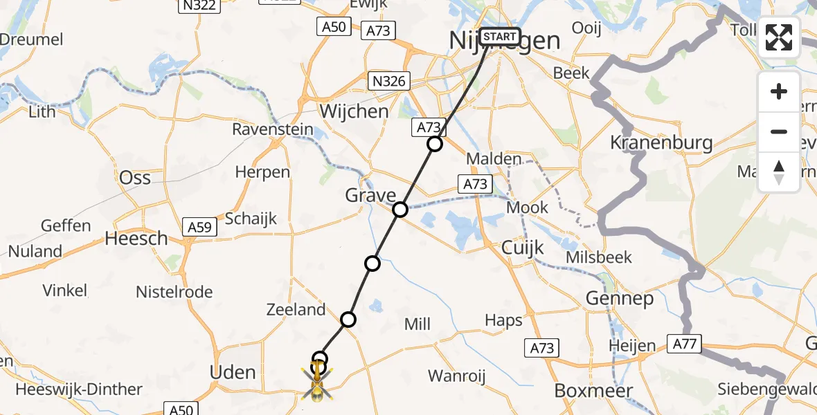 Vluchtroute Traumahelikopter Nijmegen - Vliegbasis Volkel, 19 juni 2026, 21:03