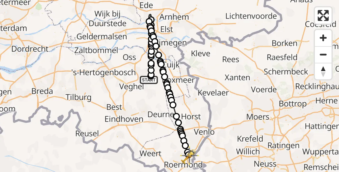 Vluchtroute Traumahelikopter Vliegbasis Volkel - Swalmen, 20 juni 2026, 00:13