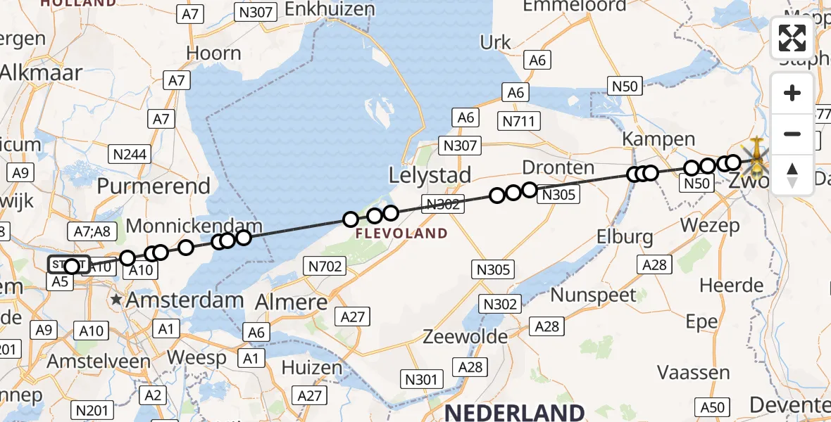 Vluchtroute Traumahelikopter Amsterdam Heliport - Zwolle, 20 juni 2026, 01:24