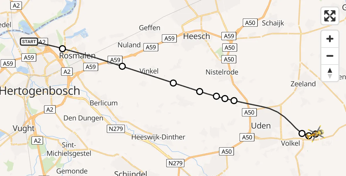 Vluchtroute Traumahelikopter 's-Hertogenbosch - Vliegbasis Volkel, 20 juni 2026, 01:51