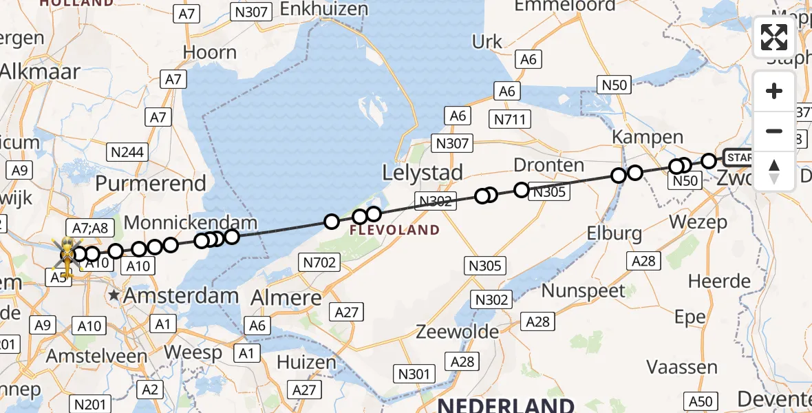 Vluchtroute Traumahelikopter Zwolle - Amsterdam Heliport, 20 juni 2026, 02:15