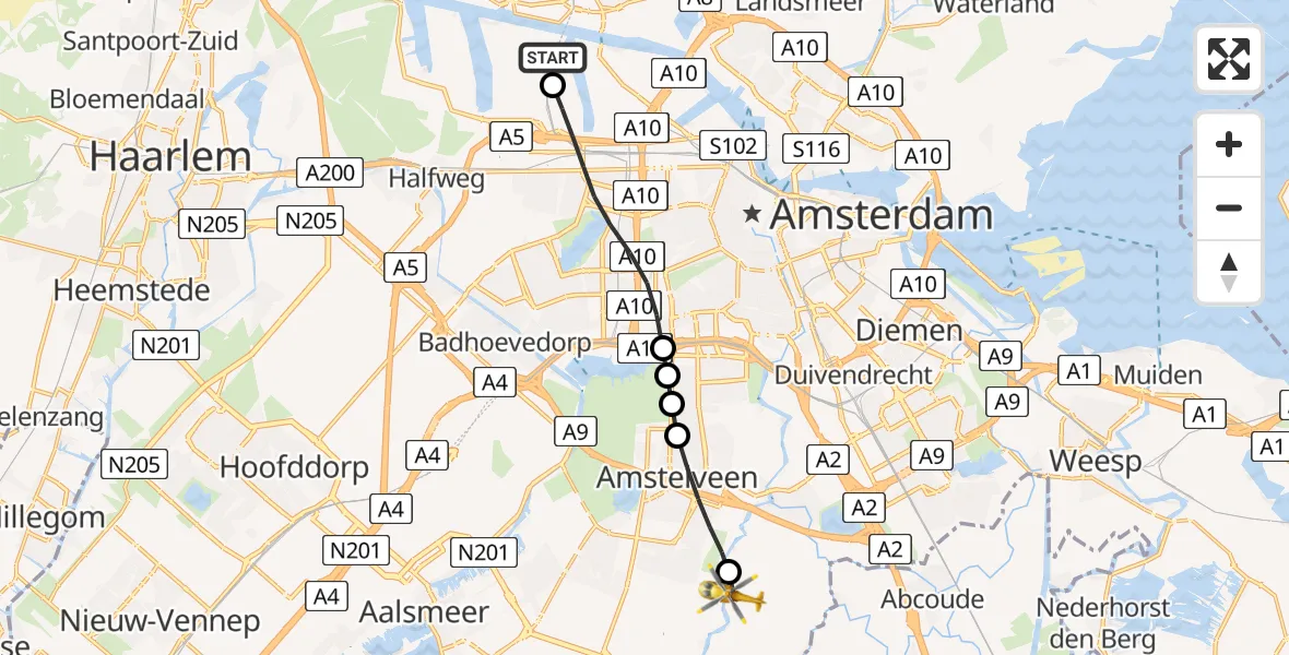 Vluchtroute Traumahelikopter Amsterdam Heliport - Ouderkerk aan de Amstel, 20 juni 2026, 06:40