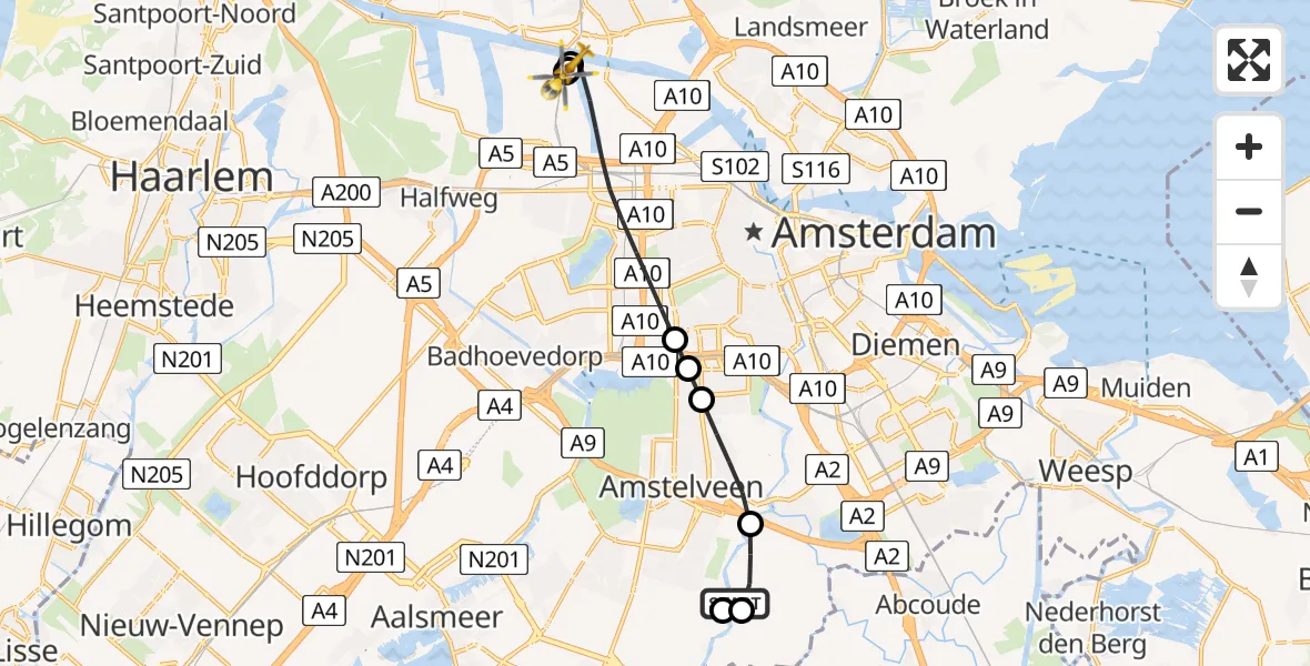 Vluchtroute Traumahelikopter Ouderkerk aan de Amstel - Amsterdam Heliport, 20 juni 2026, 06:59