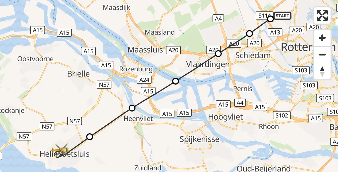 Vluchtroute Traumahelikopter Rotterdam The Hague Airport - Hellevoetsluis, 20 juni 2026, 07:33