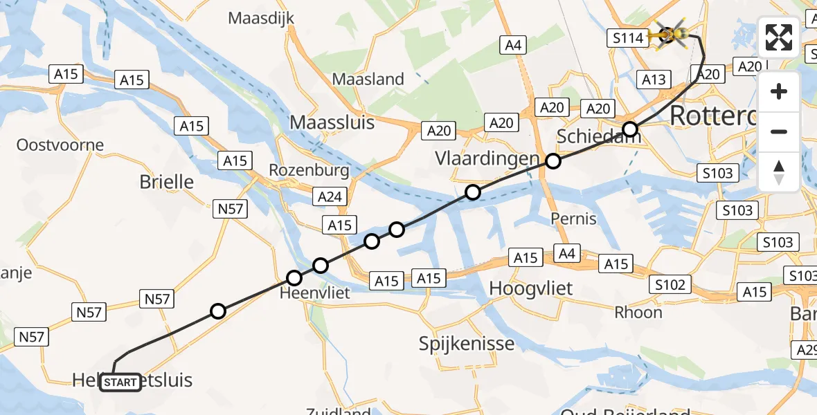 Vluchtroute Traumahelikopter Hellevoetsluis - Rotterdam The Hague Airport, 20 juni 2026, 08:15