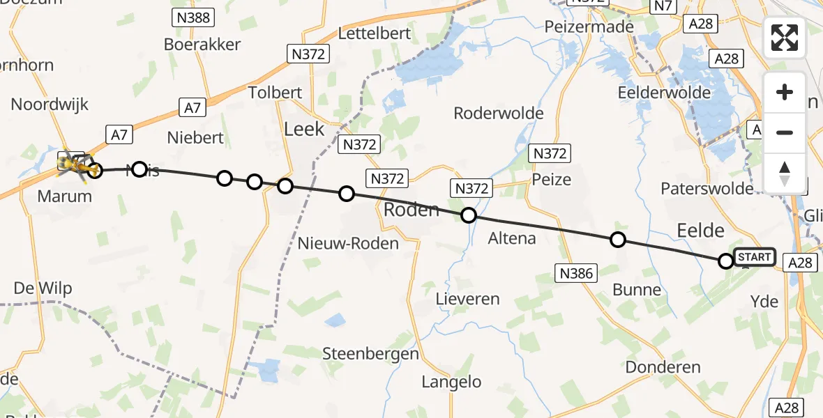 Vluchtroute Traumahelikopter Groningen Airport Eelde - Marum, 20 juni 2026, 09:00