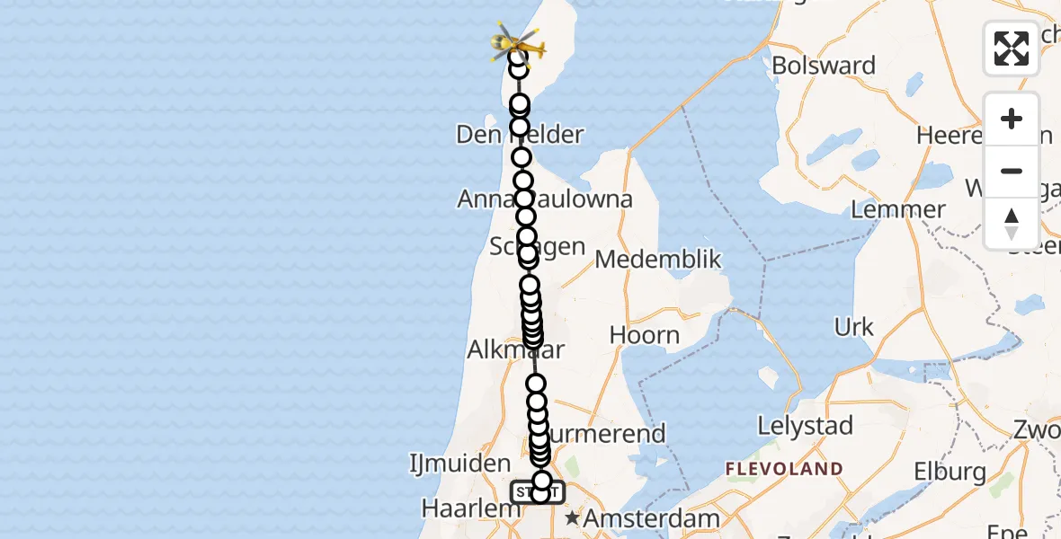 Vluchtroute Traumahelikopter Amsterdam Heliport - De Koog, 20 juni 2026, 09:05