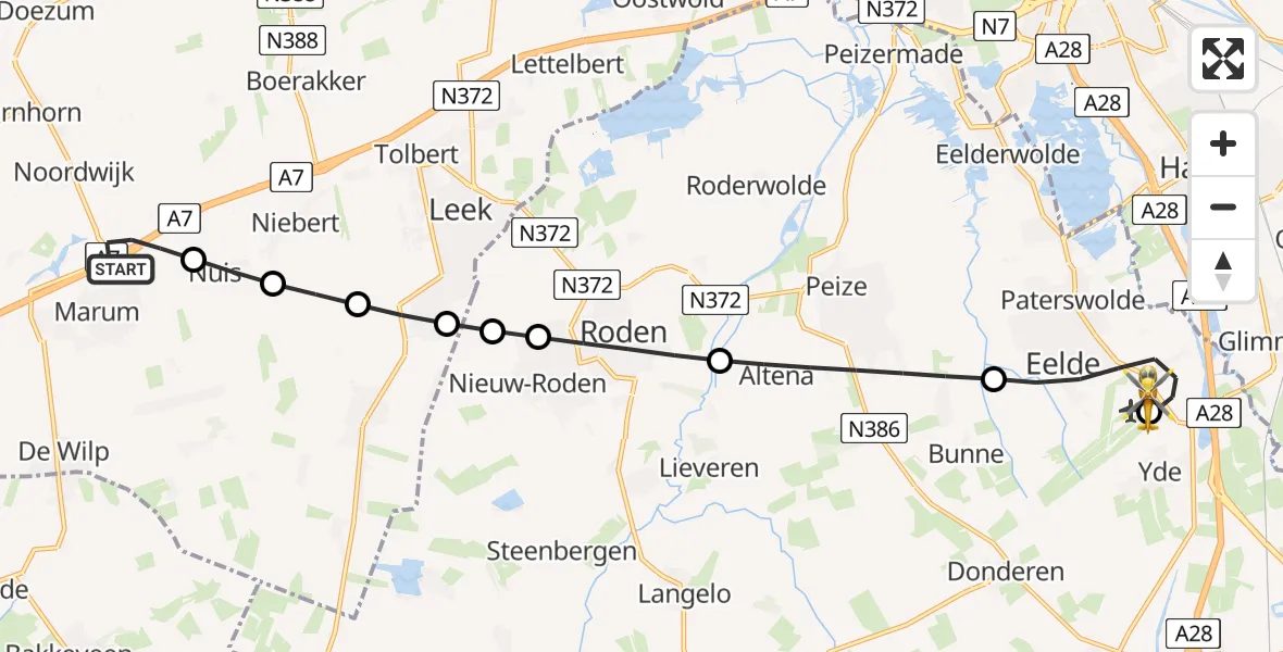 Vluchtroute Traumahelikopter Marum - Groningen Airport Eelde, 20 juni 2026, 09:25