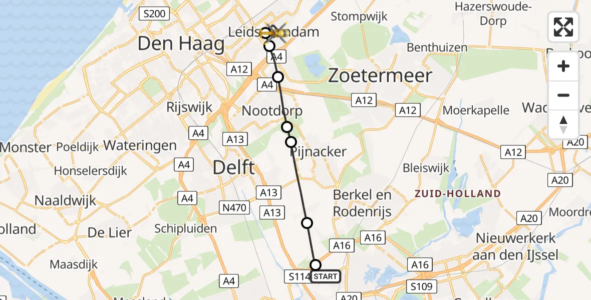 Vluchtroute Traumahelikopter Rotterdam The Hague Airport - Leidschendam, 20 juni 2026, 09:35