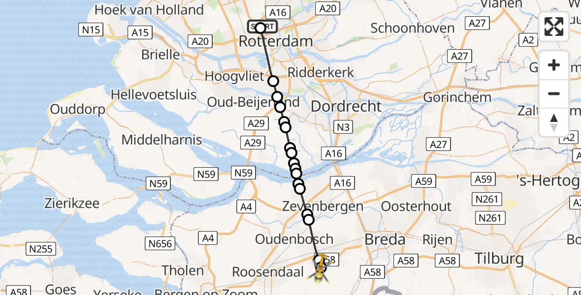 Vluchtroute Traumahelikopter Rotterdam The Hague Airport - Sprundel, 20 juni 2026, 10:15