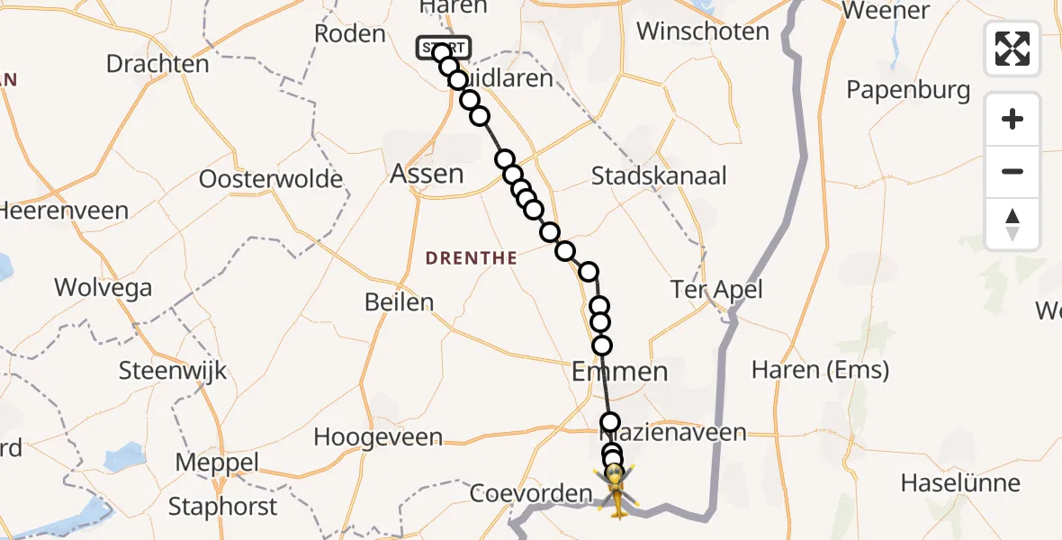 Vluchtroute Traumahelikopter Groningen Airport Eelde - Schoonebeek, 20 juni 2026, 11:12