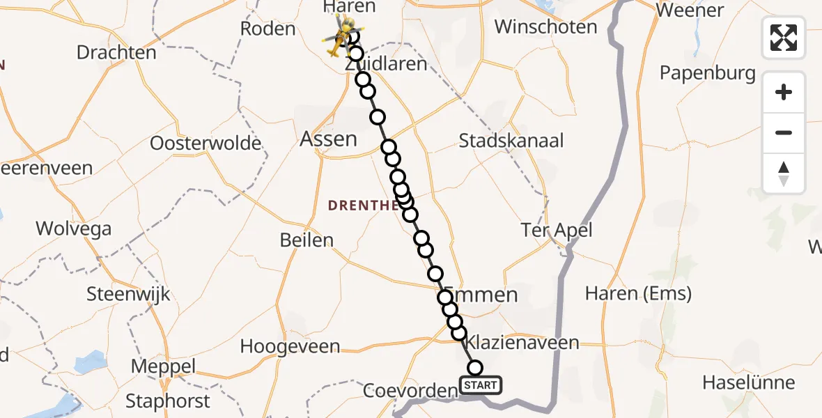 Vluchtroute Traumahelikopter Schoonebeek - Groningen Airport Eelde, 20 juni 2026, 13:13