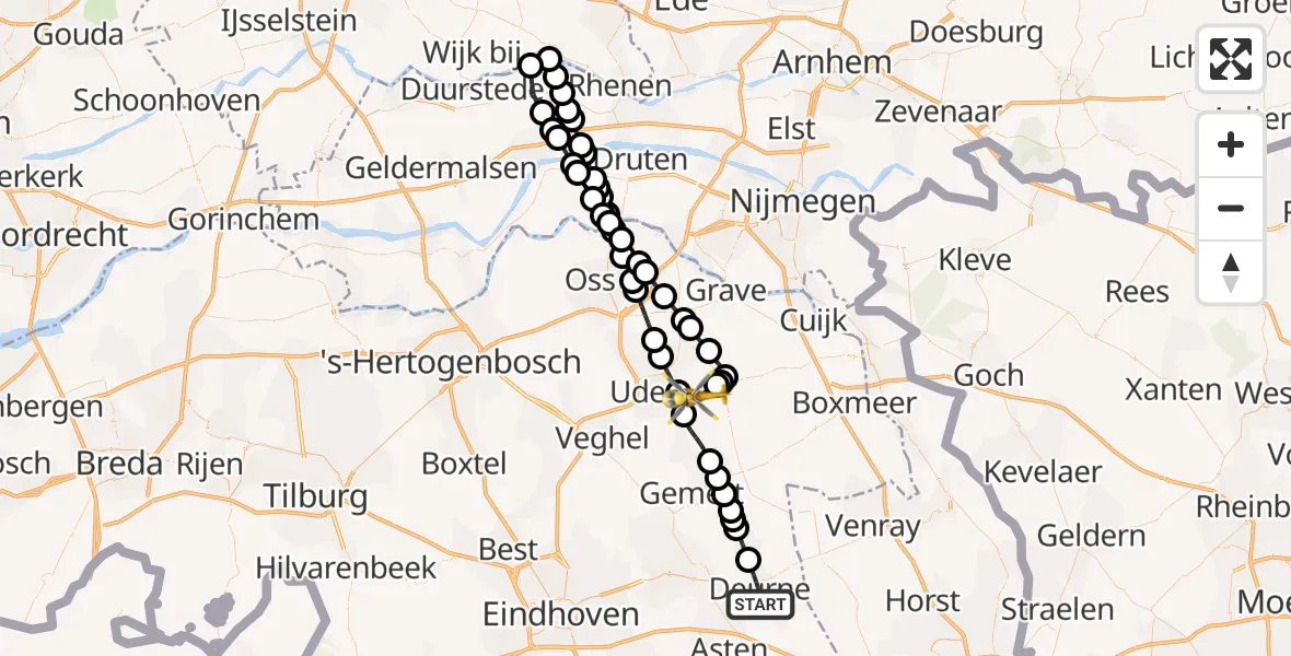 Vluchtroute Traumahelikopter Deurne - Vliegbasis Volkel, 20 juni 2026, 13:30