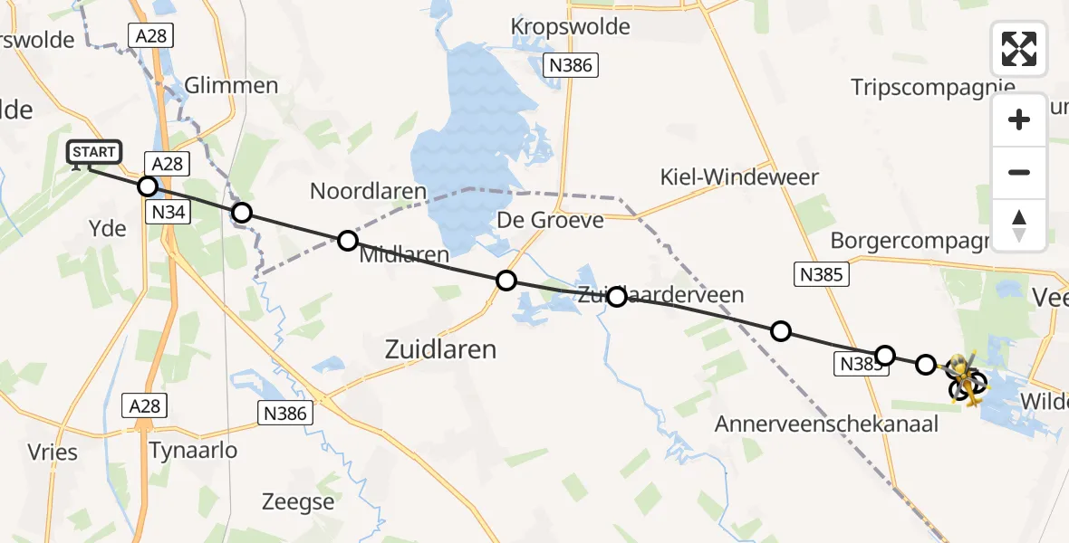 Vluchtroute Traumahelikopter Groningen Airport Eelde - Borgercompagnie, 20 juni 2026, 14:46