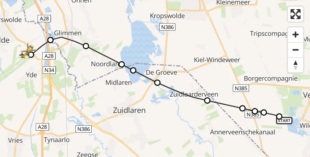 Vluchtroute Traumahelikopter Zweefvliegveld Veendam - Groningen Airport Eelde, 20 juni 2026, 15:27