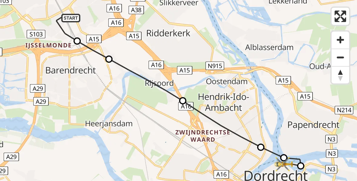 Vluchtroute Traumahelikopter Rotterdam - Dordrecht, 20 juni 2026, 16:33