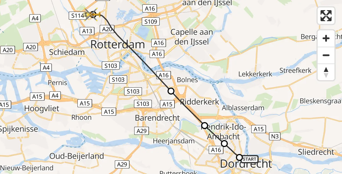 Vluchtroute Traumahelikopter Dordrecht - Rotterdam The Hague Airport, 20 juni 2026, 17:04