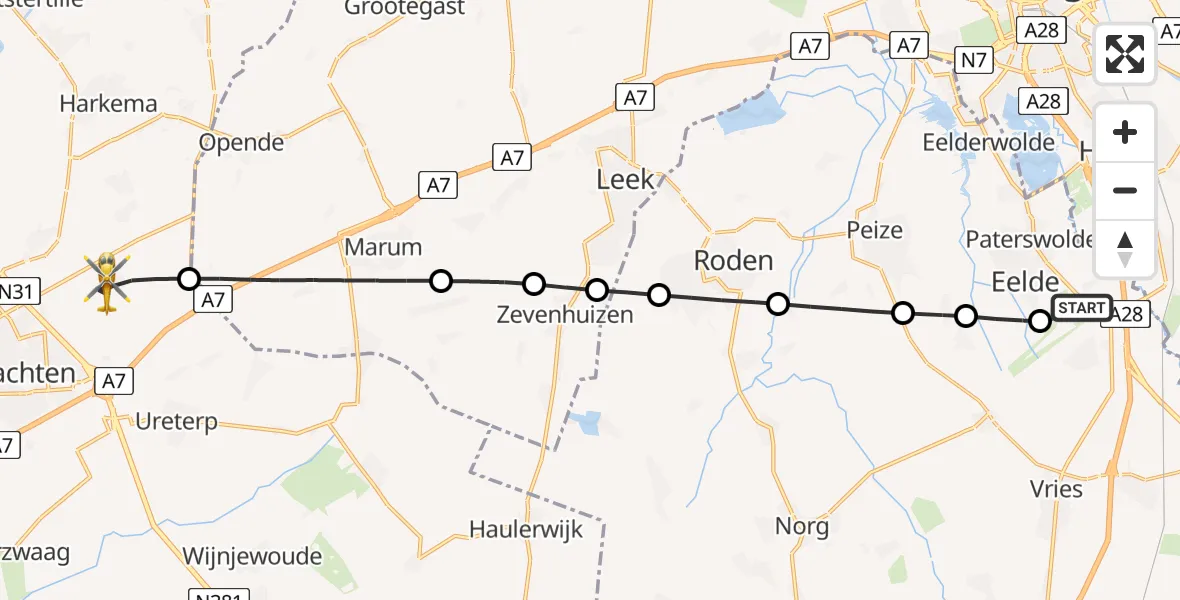 Vluchtroute Traumahelikopter Groningen Airport Eelde - Drachtstercompagnie, 20 juni 2026, 17:25