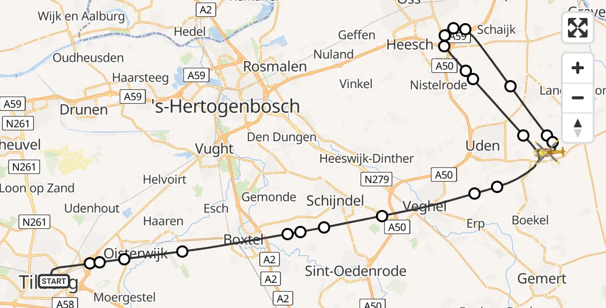 Vluchtroute Traumahelikopter Tilburg - Vliegbasis Volkel, 20 juni 2026, 18:04