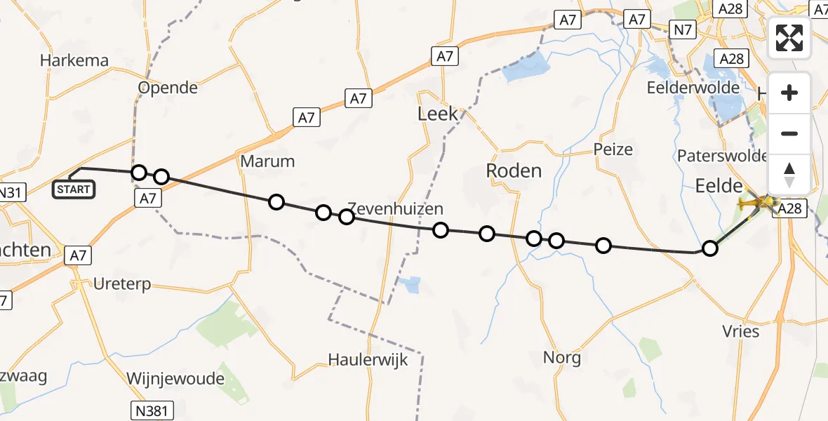 Vluchtroute Traumahelikopter Drachtstercompagnie - Groningen Airport Eelde, 20 juni 2026, 18:14