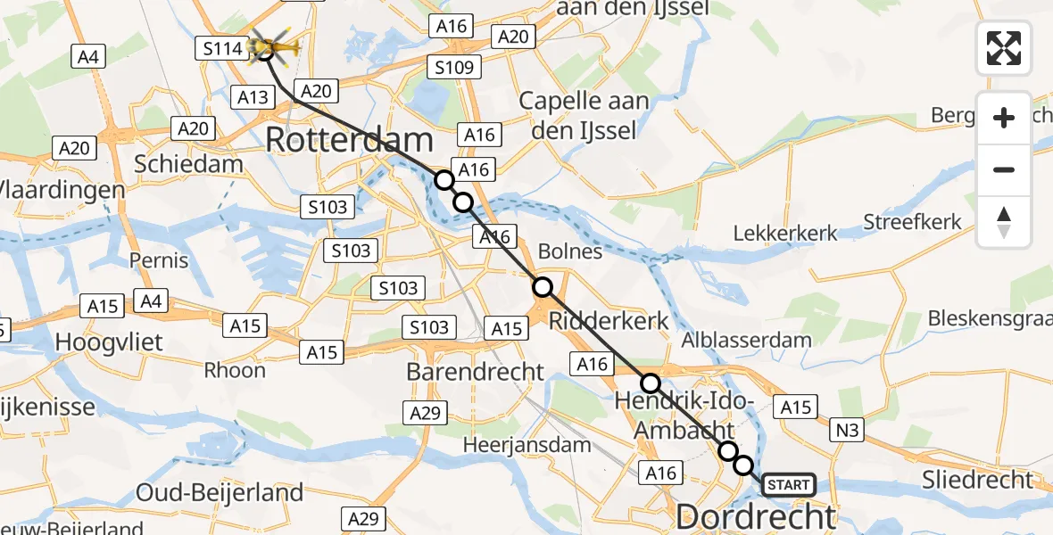 Vluchtroute Traumahelikopter Papendrecht - Rotterdam The Hague Airport, 20 juni 2026, 18:53