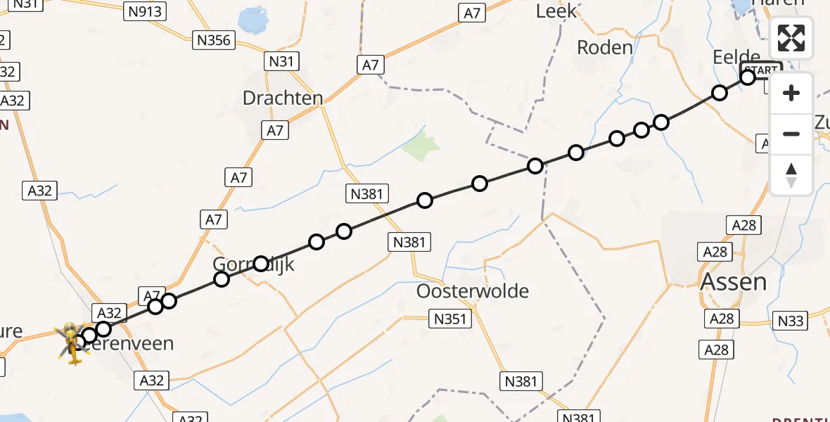 Vluchtroute Traumahelikopter Groningen Airport Eelde - Oudehaske, 20 juni 2026, 19:57