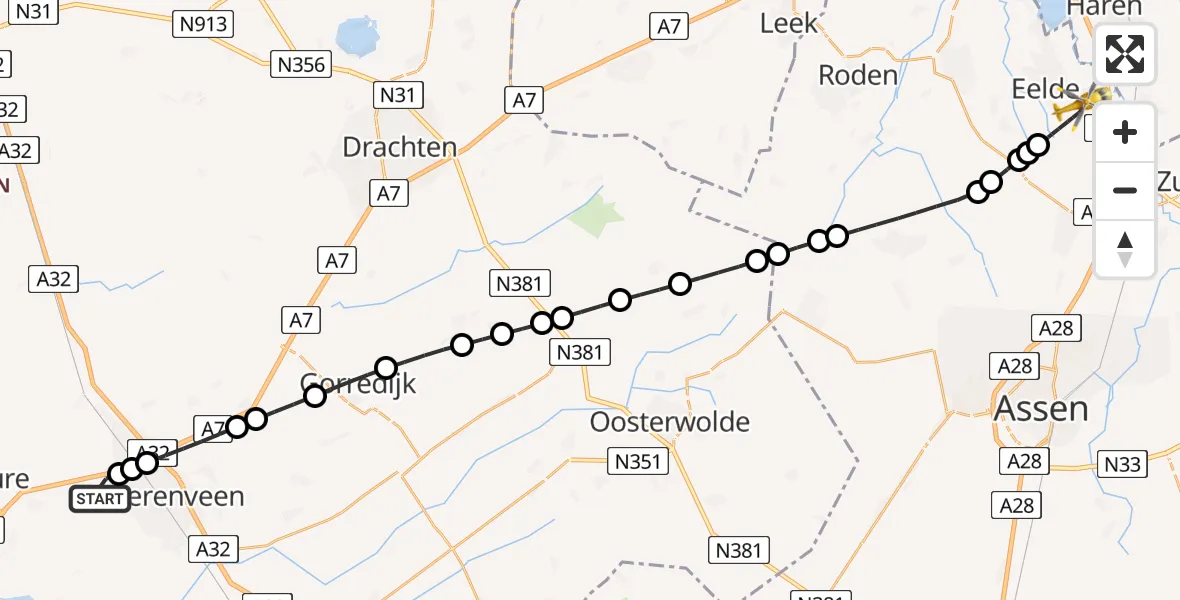 Vluchtroute Traumahelikopter Oudehaske - Groningen Airport Eelde, 20 juni 2026, 20:39