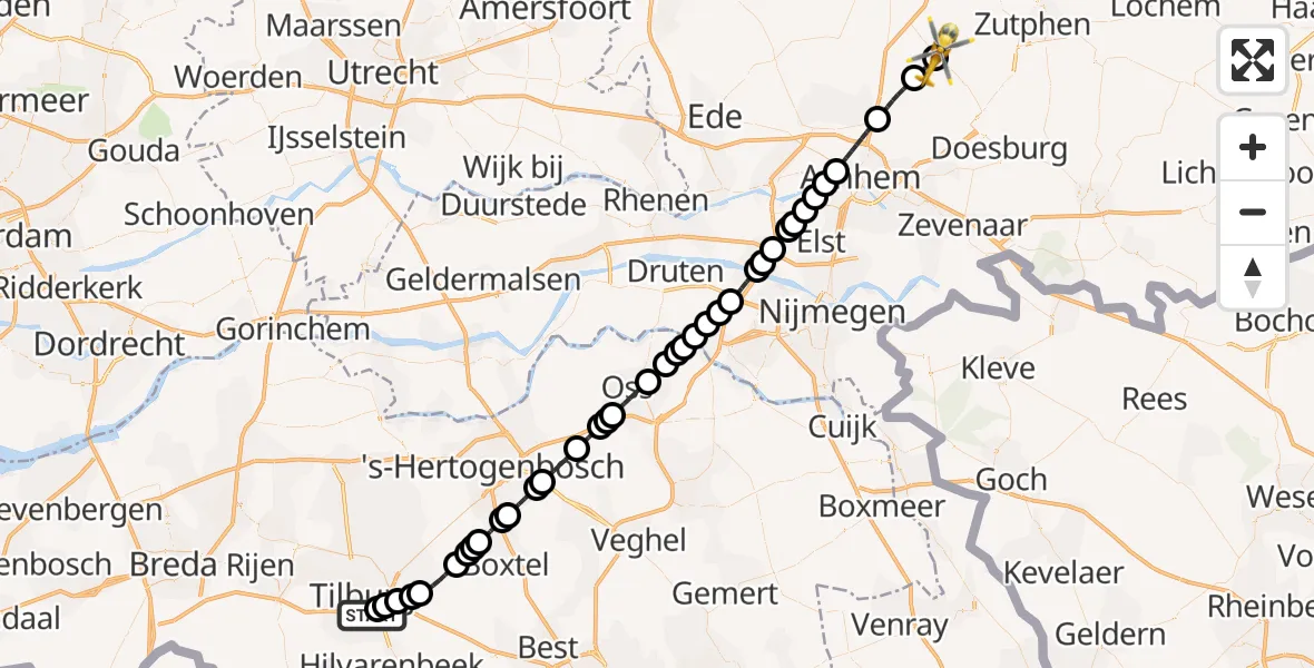 Vluchtroute Traumahelikopter St. Elisabeth Hospital Heliport - Eerbeek, 20 juni 2026, 22:52