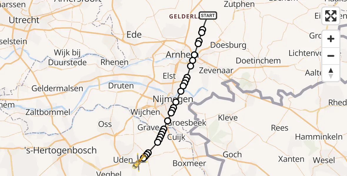Vluchtroute Traumahelikopter Eerbeek - Vliegbasis Volkel, 20 juni 2026, 23:36