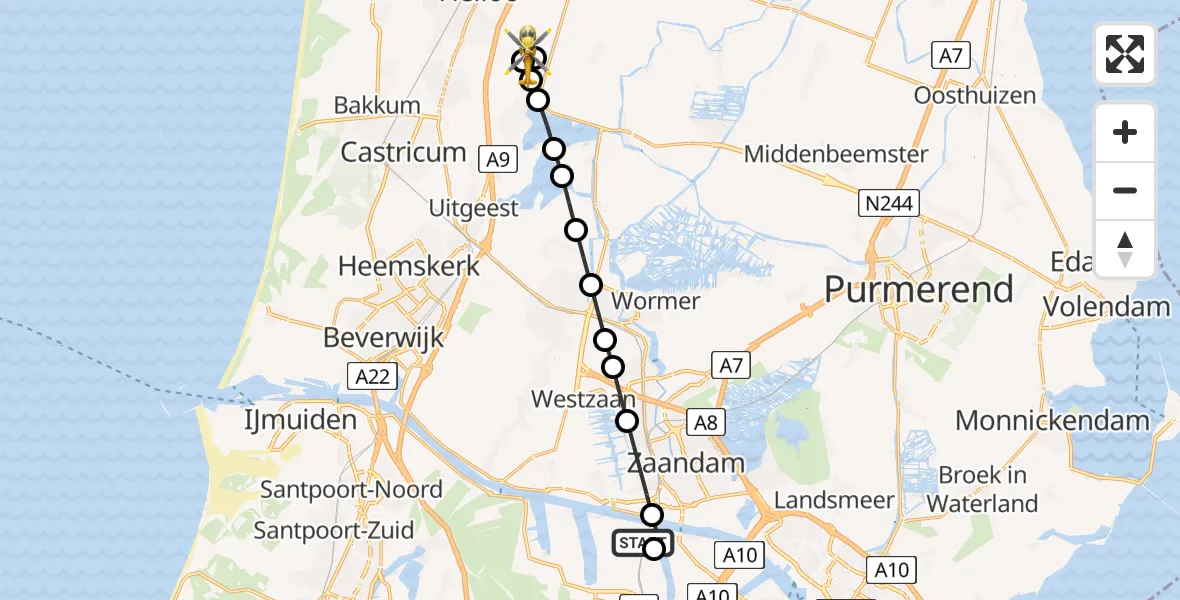 Vluchtroute Traumahelikopter Amsterdam Heliport - Heiloo, 21 juni 2026, 01:13