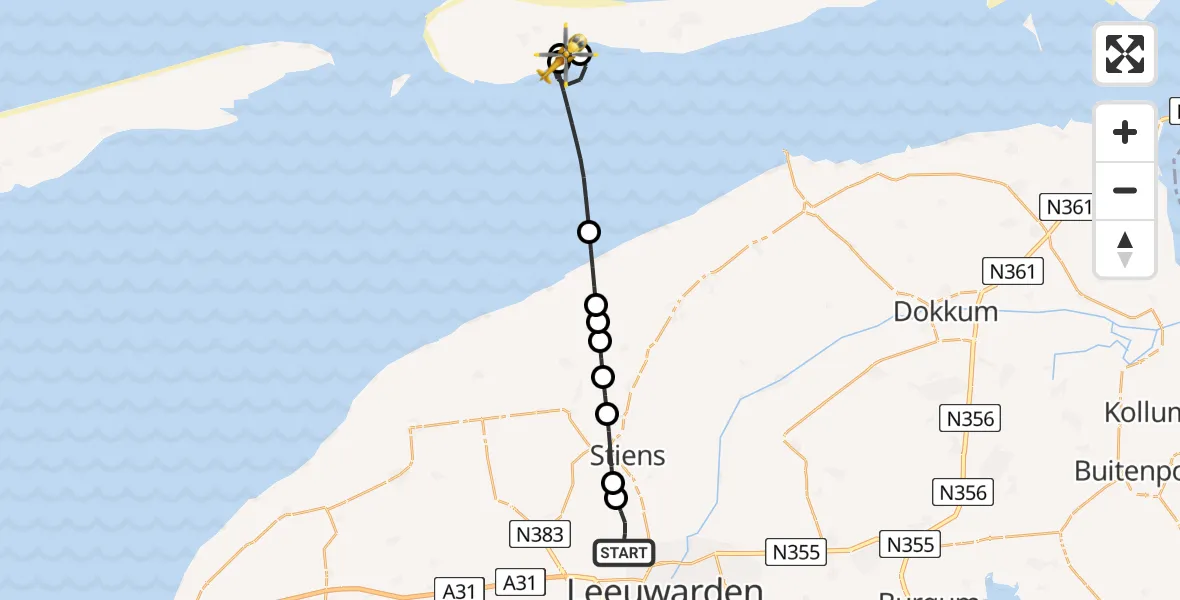 Vluchtroute Ambulancehelikopter Vliegbasis Leeuwarden - Ballum, 21 juni 2026, 01:32