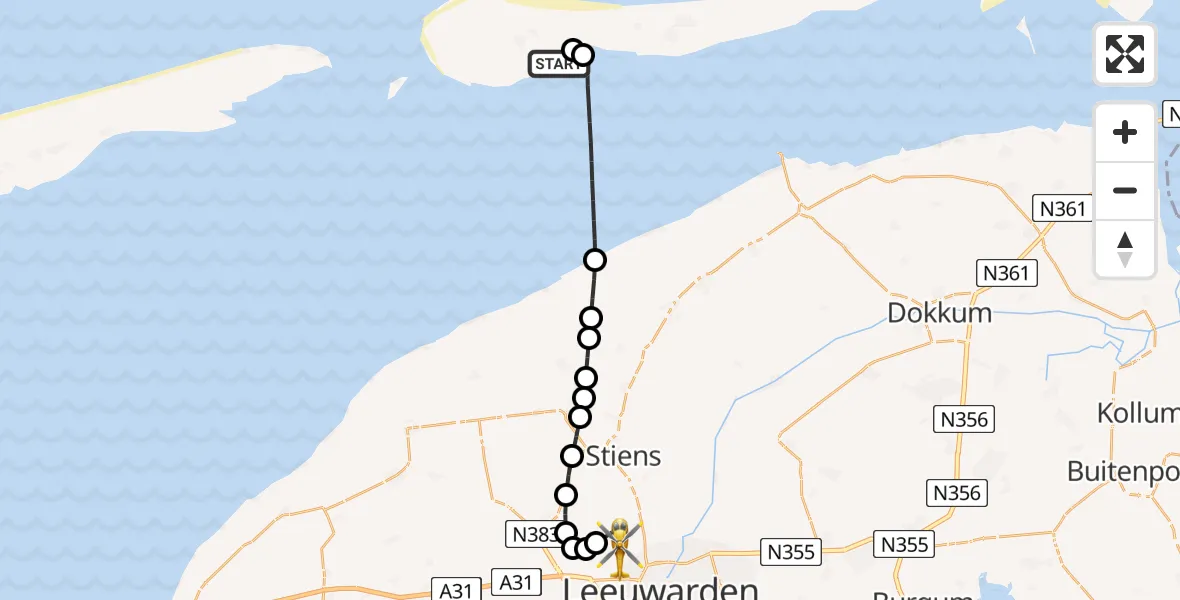 Vluchtroute Ambulancehelikopter Ballum - Vliegbasis Leeuwarden, 21 juni 2026, 02:03