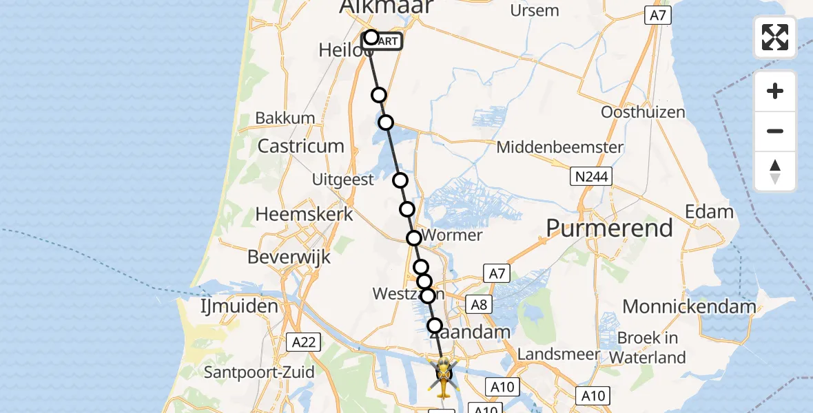 Vluchtroute Traumahelikopter Alkmaar - Amsterdam Heliport, 21 juni 2026, 02:09