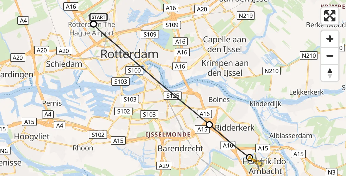 Vluchtroute Traumahelikopter Rotterdam The Hague Airport - Hendrik-Ido-Ambacht, 21 juni 2026, 03:21