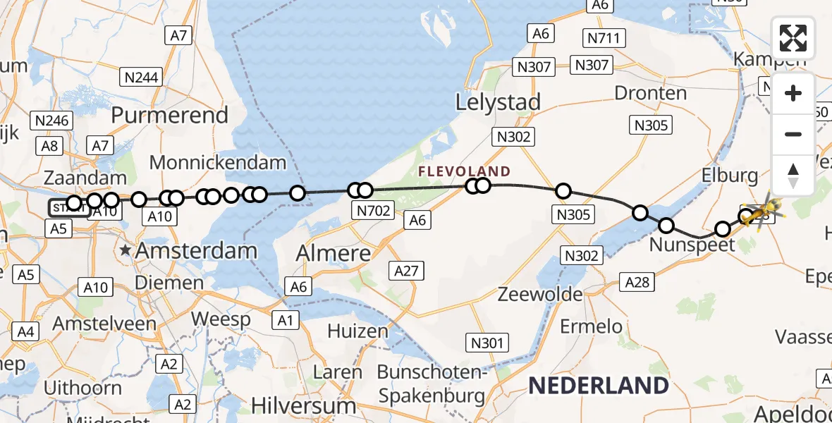 Vluchtroute Traumahelikopter Amsterdam Heliport - 't Harde, 21 juni 2026, 05:17