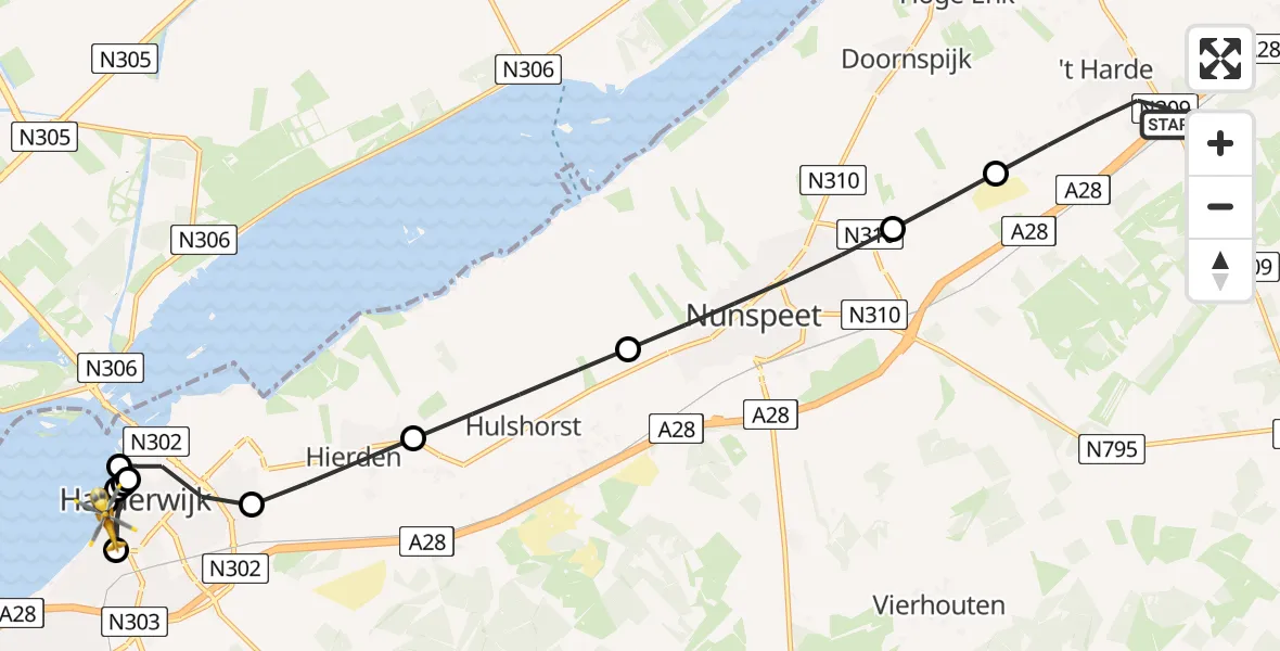 Vluchtroute Traumahelikopter 't Harde - Harderwijk, 21 juni 2026, 05:52
