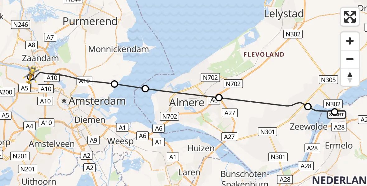 Vluchtroute Traumahelikopter Harderwijk - Amsterdam Heliport, 21 juni 2026, 06:20