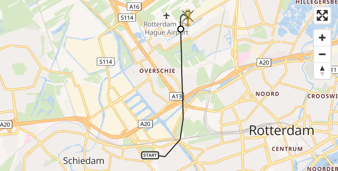 Vluchtroute Traumahelikopter Rotterdam - Rotterdam The Hague Airport, 21 juni 2026, 07:50