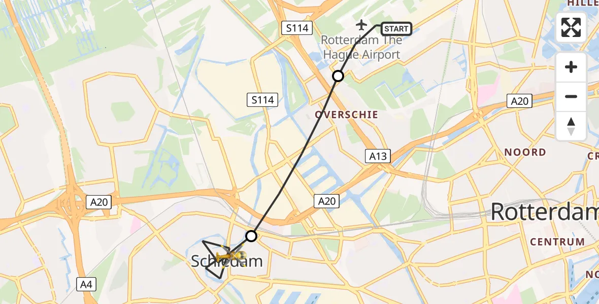 Vluchtroute Traumahelikopter Rotterdam The Hague Airport - Schiedam, 21 juni 2026, 09:07