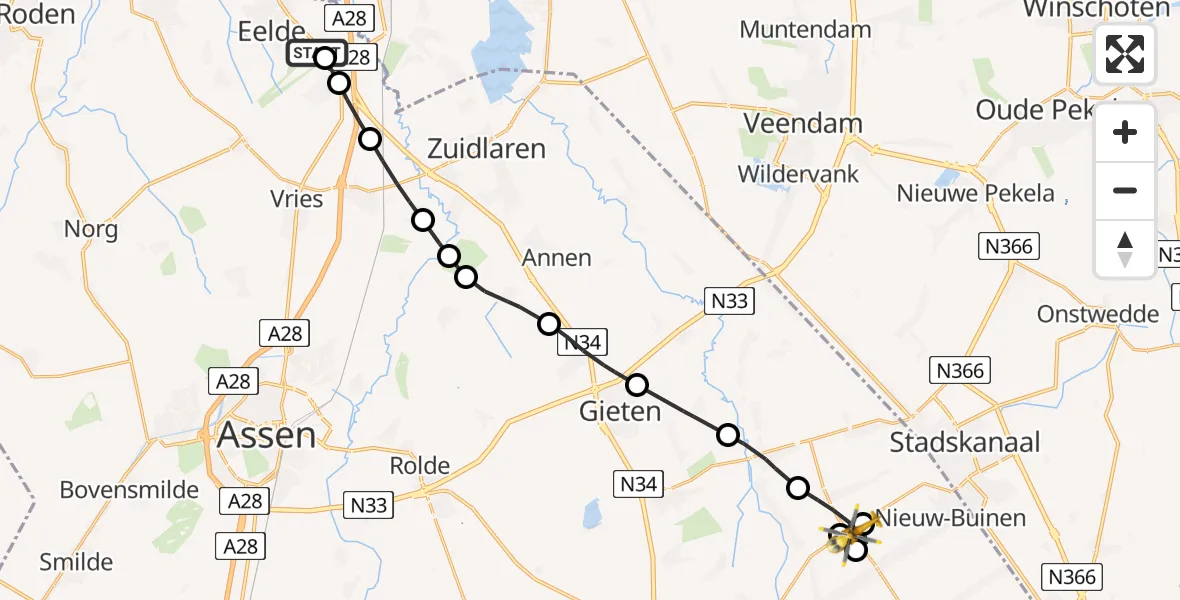Vluchtroute Traumahelikopter Groningen Airport Eelde - Nieuw-Buinen, 21 juni 2026, 10:06