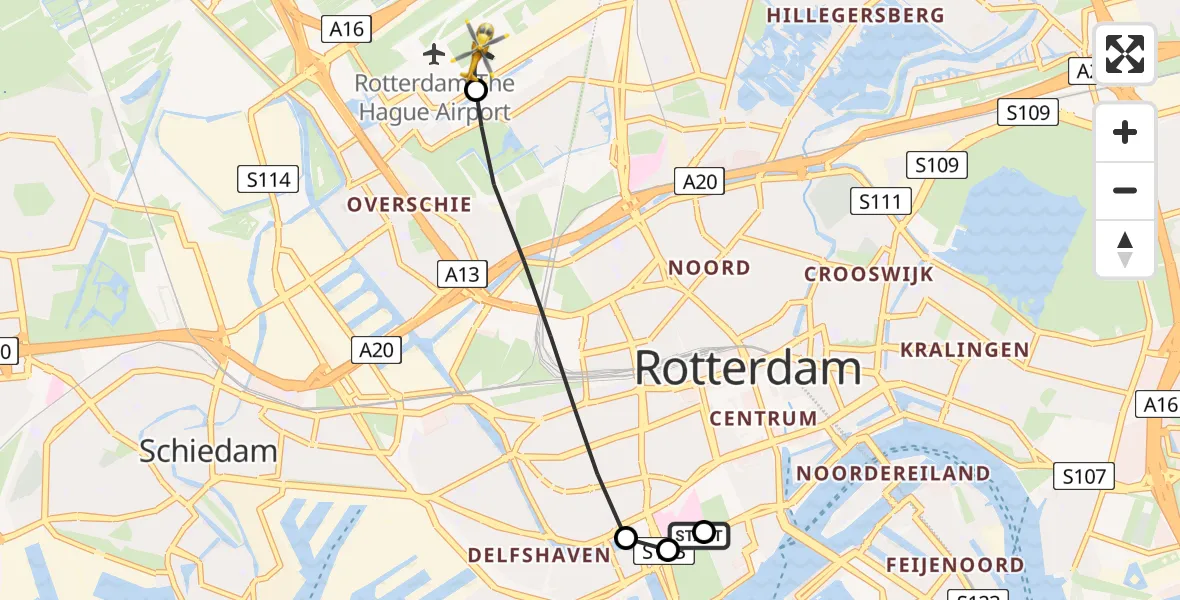 Vluchtroute Traumahelikopter Leids Universitair Medisch Centrum (LUMC) - Rotterdam The Hague Airport, 21 juni 2026, 10:26
